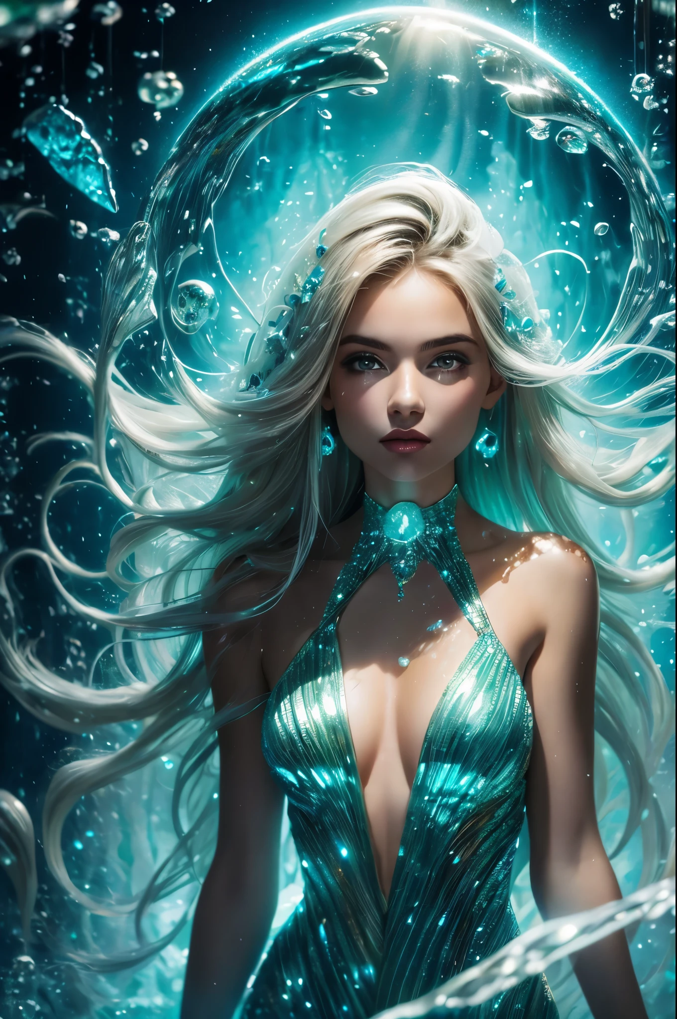 ultra-detailed half body photo of a young women merging with the bioluminescent environment, inside a sparkling blooming overgrown geode, waterfall, misty, she dissolve into particles, waving gossamer crystals made of bubbles, she glows with an ethereal radiance, deep state of bliss, dreamlike scenery, best quality