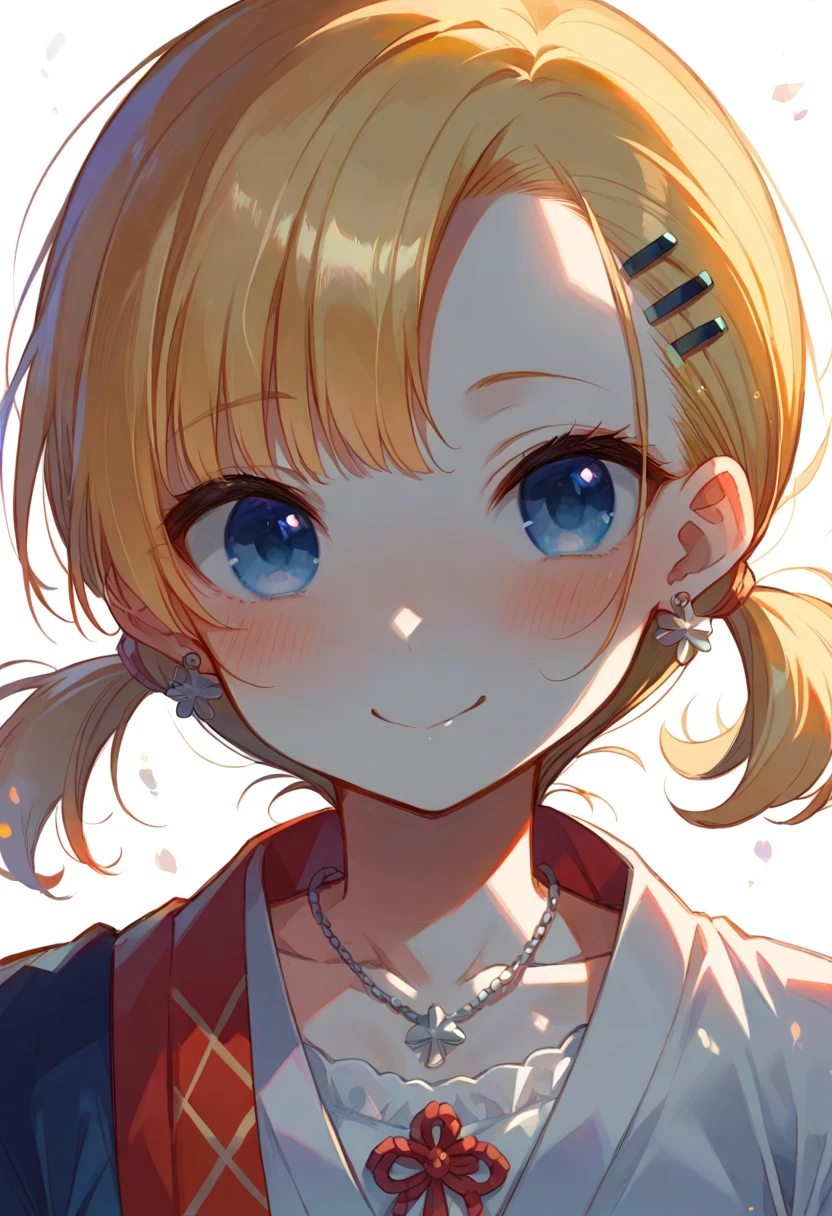 Absurd, Ultra-detailed,Bright colors, Very beautiful and detailed anime faces and eyes, View from the front, ;D, Shiny_skin,Age 25, short hair, , Asymmetrical bangs, Blonde hair in short pigtails, Shiny髪, Delicate beautiful face, blush、blue eyes, White skin, Barrette, (Recall:1.3)、(Smile:1.3)、Shiny髪、Small earrings、Small Necklace、Brightly colored kimonos、(Kyoto at Night:1.4)