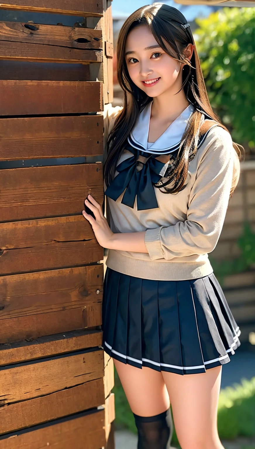 (((cowboy shot))),Ultra-high resolution,big eyes,((brown eyes)),Japanese,(forehead),(a girl),(1 girl),((17 years old)),(cute),pretty,((facing at viewer)),arms behind back,grin,((black school sailor uniform)),pleated skirt,thighs,classroom