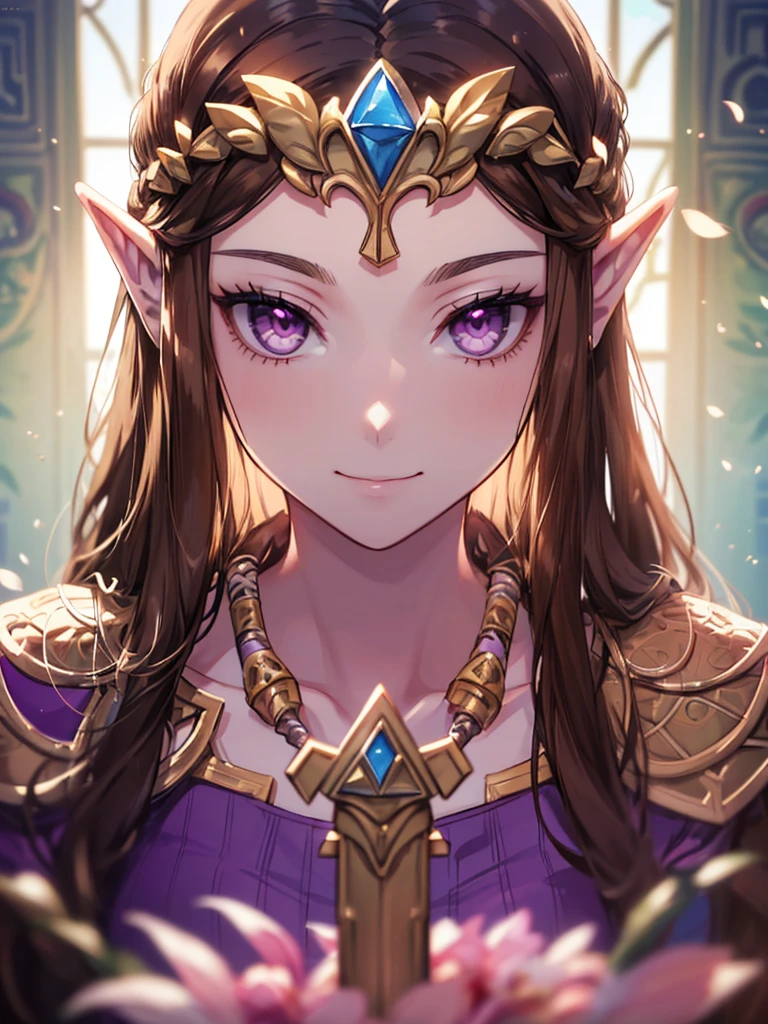 ((smile)),((ass pov)),((Long Straight Hair)),((Dark brown hair),((Highly detailed and beautiful face)),((Very beautiful Princess Zelda)),((Expressionless)),Close-up of costumed woman holding sword, Princess Zelda, portrait of Princess Zelda, Zelda Twilight Princess, Twilight Princess, Zelda, portrait of Zelda, from legend of zelda, , lady pink, Zelda with triforce, pink, hyrule, Elf Princess,((Purple Eyes)),((Portraits of only one person))