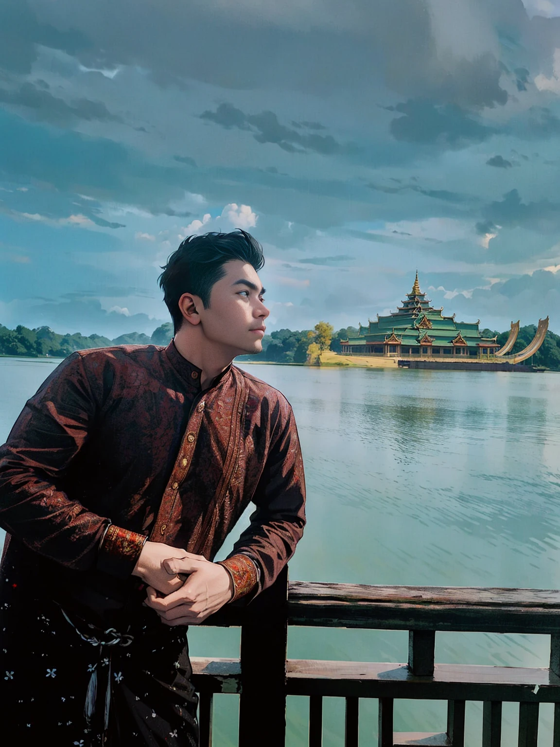 there is a man standing on a bridge looking at a lake, temple in the background, in front of a temple, wearing long sleeve traditional shirt and burmese longyi pasoe, photo taken good lighting with DSLR Canon telel lens, with stormy black sky and lake and Burmese Karweik in the background, profile picture 1024px, photo taken with professional camera, illustration art, digital art, fined quality, HD, detailed features
