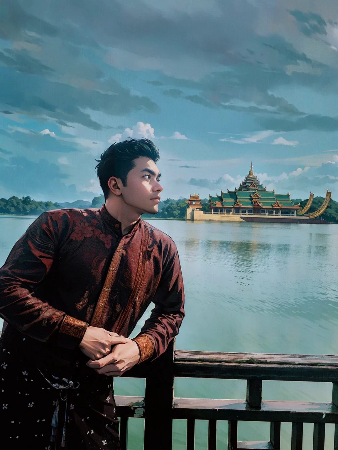 there is a man standing on a bridge looking at a lake, temple in the background, in front of a temple, wearing long sleeve traditional shirt and burmese longyi pasoe, photo taken good lighting with DSLR Canon telel lens, with stormy black sky and lake and Burmese Karweik in the background, profile picture 1024px, photo taken with professional camera, illustration art, digital art, fined quality, HD, detailed features