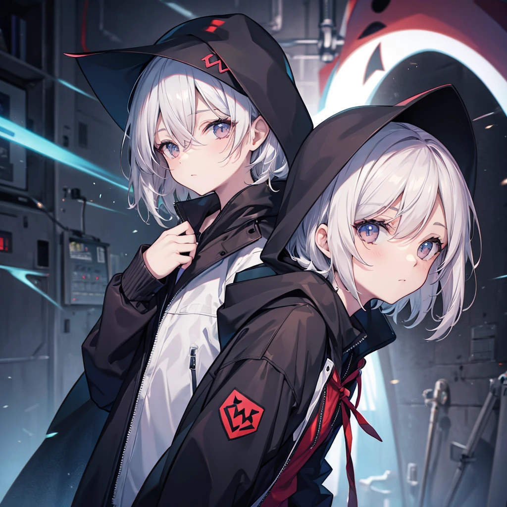 (((Grim Reaper&#39;s Scythe)))　(((Gray Hair　Short Hair　blue eyes　girl　Close-up)))，((night　full moon))，(Wearing a hood　Black camisole　Purple light)，　A tense look　Shining Background　Shining Edge