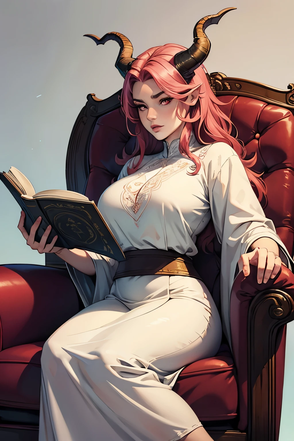 (Artwork),(best quality:1.1),(ultra-detailed),best illustration,fine details,(portrait:1.1),(intense FULL BODY close-up),watercolor drawing)floating,1 elf girl, Alone, 18 years old, voluptuous, (extremely delicate and beautiful face), (detailed pink eyes), thick pink lips, (disheveled hair) female elf, huge breasts, (wearing a short white tunic), soft and lazy, (simple background :1.2)full colored background,full body closeup sitting in an armchair reading a large arcane book,concentrated on her reading,detail on facial expressions and the environment,,clear,4K