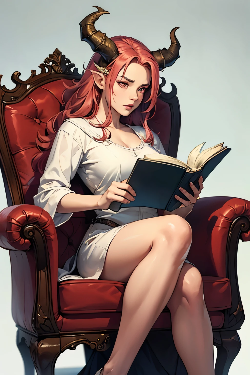 (Art), (best quality: 1.1), (ultra-detailed), best illustration, fine details, (portrait: 1.1), (intense full-body close-up), watercolor drawing) floating, 1 dragon girl, alone, 18 years old, voluptuous, (extremely delicate and beautiful face), horns on the forehead, (detailed red eyes), thick and pink lips, (disheveled hair) dragon female, huge breasts, (wearing a short white tunic), soft and lazy , dragon tail, (simple background: 1.2 ) colorful background, full body close-up sitting in an armchair reading a large arcane book, concentrating on his reading, details on facial expressions and the environment, clear, 4K
