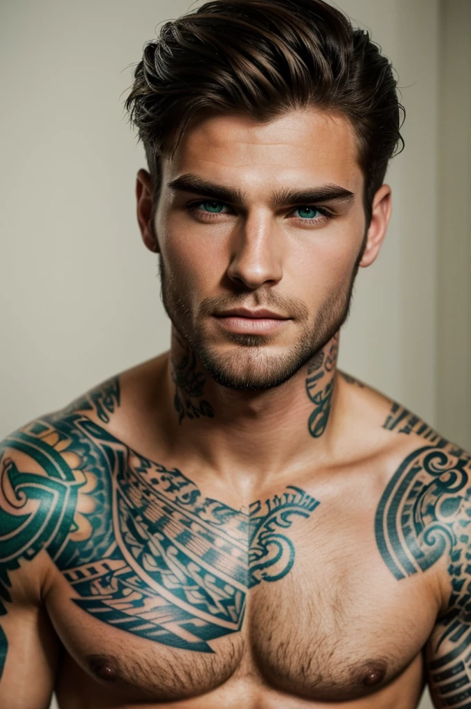 Handsome man, with a marked jaw, Brown hair, White, green eyes, bushy eyebrows, full lips, tattooed 