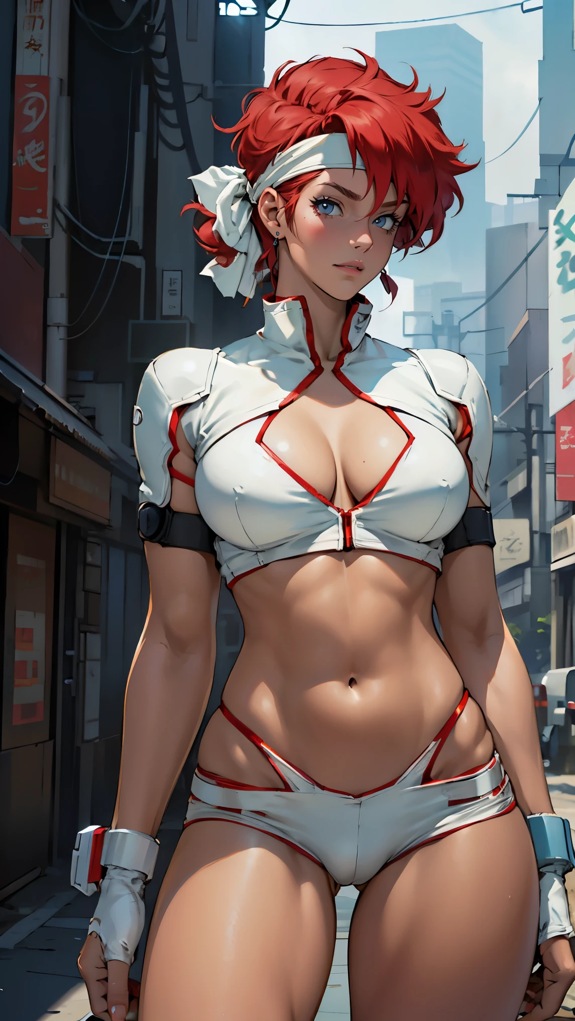 ((Masterpiece, highest quality; 1.3)), super quality, beautiful detail, super detailed, extra fine, 16K, exquisite, absurd, high resolution, beautiful background, detailed background, beautiful eyes, beautiful skin, anime style, Kay from Dirty Pair in a white outfit, tight outfit, cleavage, bushy redhead beauty, very light blue uniform, wearing tight clothes, skimpy, (mid chest: 1.2), cleavage, cleavage, slim waist , thin waist, slim thighs, thin legs, slim legs. thigh gap, showing stomach, skinny, thin hips, cyberpunk city background, retro space gun holding, headband, 