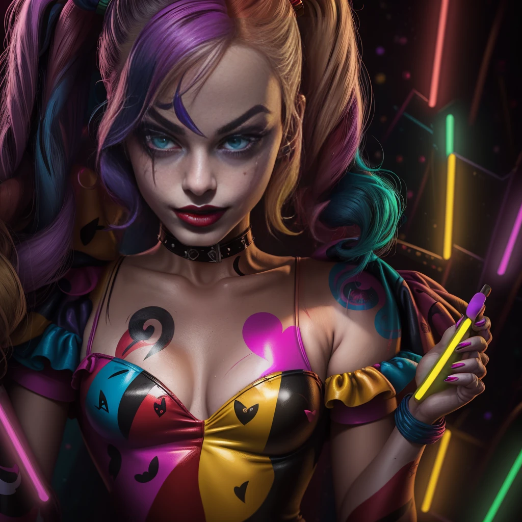 Portrait of Margot Robbie as a clown in a crowded venue , Wearing a closed black and red clown suit, Harley Quinn style, your face is lit by neon lights, Looks like a Harley Quinn, purple color, he stays, model shooting style (the extremely detailed CG Unity 8K wallpapers), Full-frame photos of the world's most beautiful works of art, proffesional, trends on artstation, trends at CGsociety, Convoluto, highy detailed, Focus Clear, dramatic, Photorealistic painting by Midjourney by Greg Rutkowski