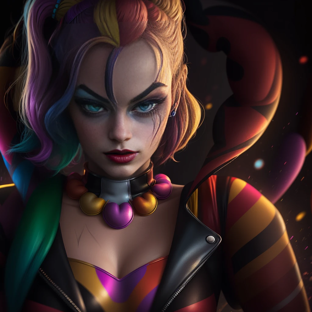 Portrait of Margot Robbie as a clown in a crowded venue , Wearing a closed black and red clown suit, Harley Quinn style, your face is lit by neon lights, Looks like a Harley Quinn, purple color, he stays, model shooting style (the extremely detailed CG Unity 8K wallpapers), Full-frame photos of the world's most beautiful works of art, proffesional, trends on artstation, trends at CGsociety, Convoluto, highy detailed, Focus Clear, dramatic, Photorealistic painting by Midjourney by Greg Rutkowski