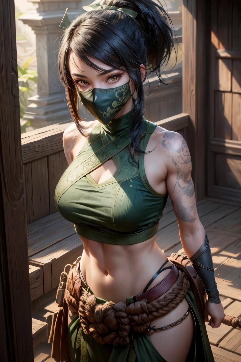 ultra realistic 8k cg, masterpiece, ((ultra detailed background, delicate pattern, intricate detail)), (highly detailed, fine details,), (beautiful detailed face and eyes and hair:1.1), 1girl, akali, looking at viewer, league of legends, abs, arm tattoo, bangs, blouse, breasts, fishnet green shirt, hair between eyes, hip vent, long bangs, long hair, mask, midriff, ninja, ponytail, rope belt, belt pouch, shirt, solo, stomach tattoo, tattoo