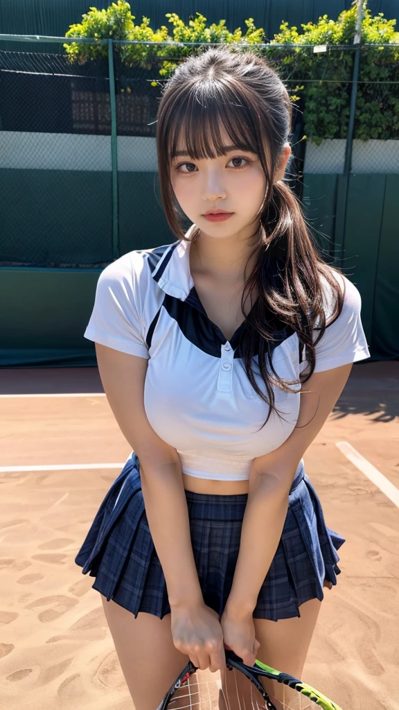 masterpiece, best quality, illustration, Super detailed, fine details, High resolution, 8K,wall paper, perfect dynamic composition, front view, standing, 18 year old girl, tennis player, Gravure Idol, cute type, (Details High quality, realistic depiction of eyes:1.3), (Colossal tits:1.2), expresses the roundness and softness of your chest., low ponytail, bangs, black hair color, Dark makeup, Big Natural Color Lip, thick thighs, perfect body shape, plump figure, large hips, beautiful clavicle, white tennis uniform, short sleeve, shirt, skirt, socks, tennis shoes, depth of fields, natural lighting