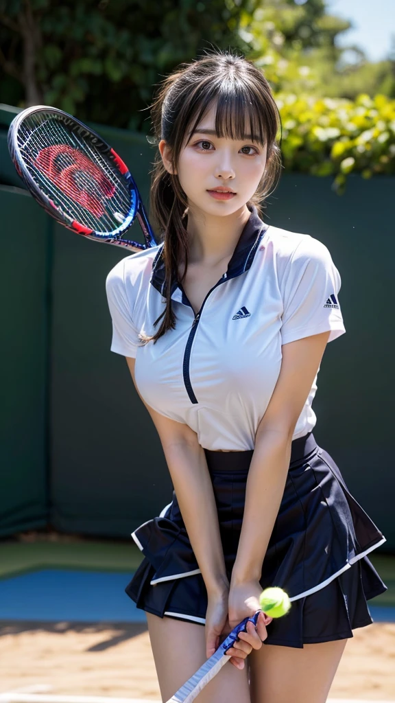 masterpiece, best quality, illustration, Super detailed, fine details, High resolution, 8K,wall paper, perfect dynamic composition, front view, standing, 18 year old girl, tennis player, Gravure Idol, cute type, (Details High quality, realistic depiction of eyes:1.3), (Colossal tits:1.2), expresses the roundness and softness of your chest., low ponytail, bangs, black hair color, Dark makeup, Big Natural Color Lip, thick thighs, perfect body shape, plump figure, large hips, beautiful clavicle, white tennis uniform, short sleeve, shirt, skirt, socks, tennis shoes, depth of fields, natural lighting