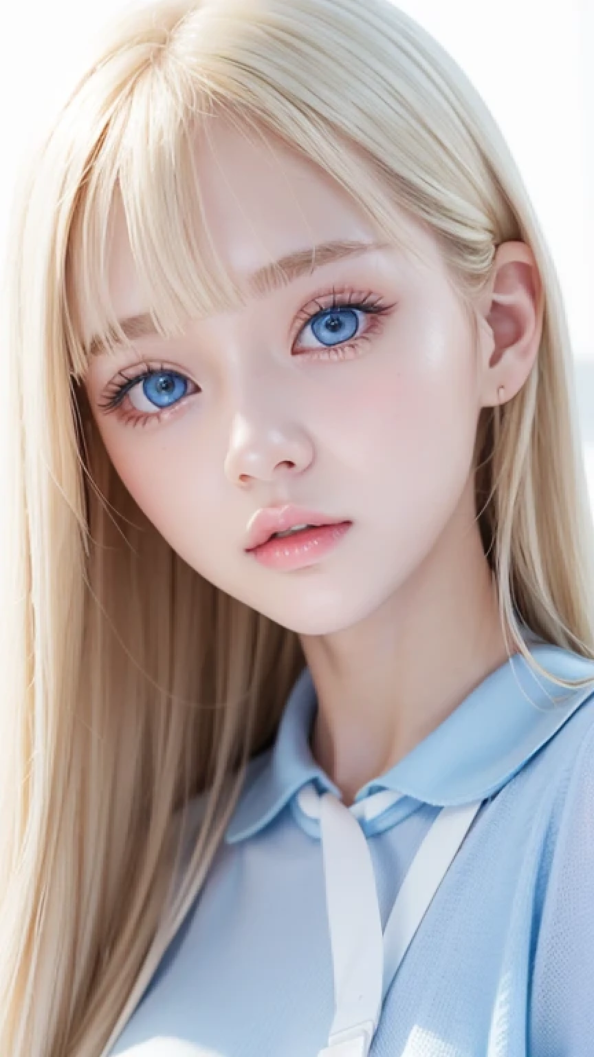 A very cute blonde beauty、Cute 16 years old、Very beautiful bright pale light blue large eyes、Very big eyes、Gloss Face、Snow-white glossy skin、Cheek gloss highlighter、Super long hair、Ample Bust、Beautiful bangs between the eyes、Small Face Beauty、round face、eyeliner