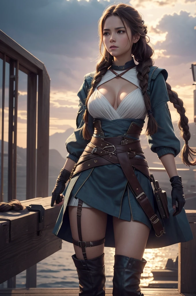 1 girl,on a pirphie ship deck, braid, neckleace, mitts, hphi, waist belt, sexy pirphie outfit, breasts big, far away body hair, gazing_phi_viewer, far away_body hair, standing alone, offcial art, unity wallpaper 8k, ultra detaild, Aesthetics, work of art, best qualityer, photorrealistic, action pose, cinemphiic lighting, 4K,