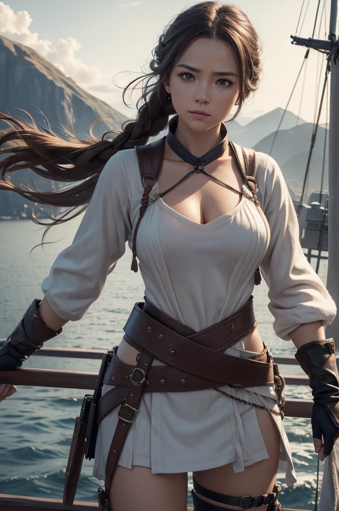1 girl,on a pirphie ship deck, braid, neckleace, mitts, hphi, waist belt, sexy pirphie outfit, breasts big, far away body hair, gazing_phi_viewer, far away_body hair, standing alone, offcial art, unity wallpaper 8k, ultra detaild, Aesthetics, work of art, best qualityer, photorrealistic, action pose, cinemphiic lighting, 4K,