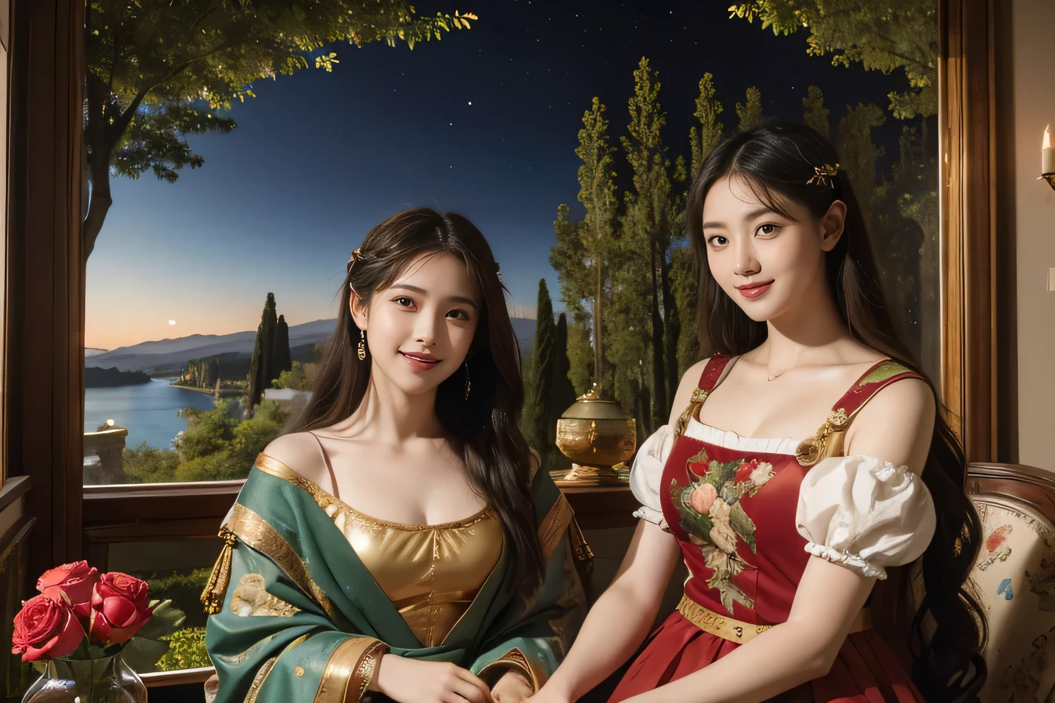 Giorgione painting style,Arguments of two female Philosophe,math、astronomical machine、astronaut、roses in vase、fruits、Cute trinkets、smile、ancient greek costume、Background is a forest lake at night 、Clothes that stretch your shoulders、A big smile、