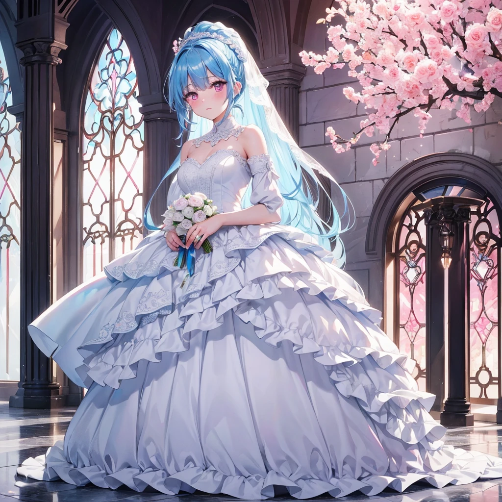 sky Blue hair, (braided ponytail),(pink eyes),fair skin ,(full body),(1 girl),bride,blush,Straight Bangs, June Bride,Wedding dress,(masterpiece, best quality, ultra-detailed, best shadow), (detailed background), (beautiful detailed face), high contrast, (best illumination, an extremely delicate and beautiful), ((cinematic light)), colorful, hyper detail, dramatic light, intricate details,Wedding hall,