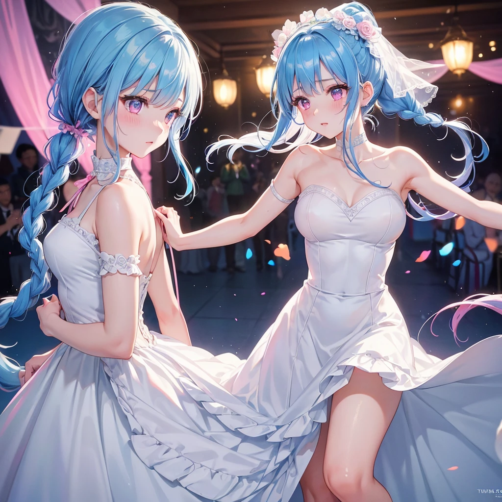 sky Blue hair, (braided ponytail),(pink eyes),fair skin ,(full body),(1 girl),bride,blush,Straight Bangs, June Bride,Wedding dress,(masterpiece, best quality, ultra-detailed, best shadow), (detailed background), (beautiful detailed face), high contrast, (best illumination, an extremely delicate and beautiful), ((cinematic light)), colorful, hyper detail, dramatic light, intricate details,Wedding hall,
