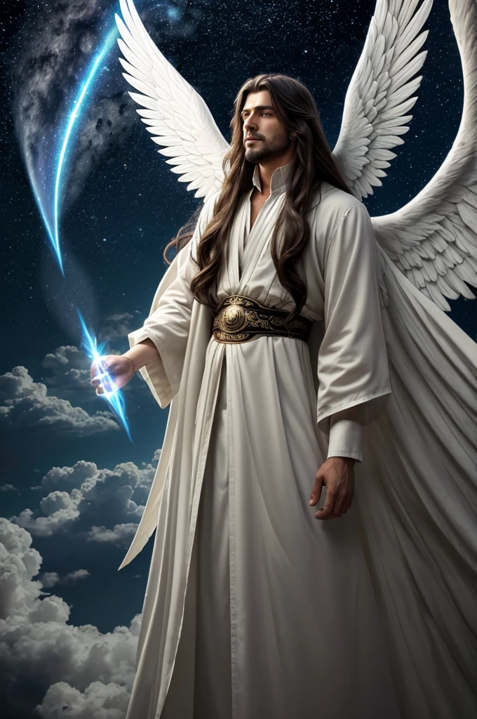 Male angel with long hair, big wings, aura, flowing clothes, mystical, divine, dark sky, light focusing on the angel