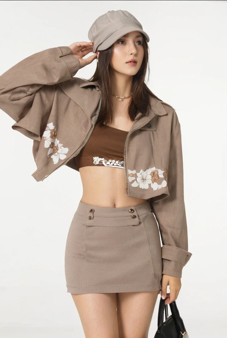 a girl with a gray hat, a brown blouse and a brown skirt