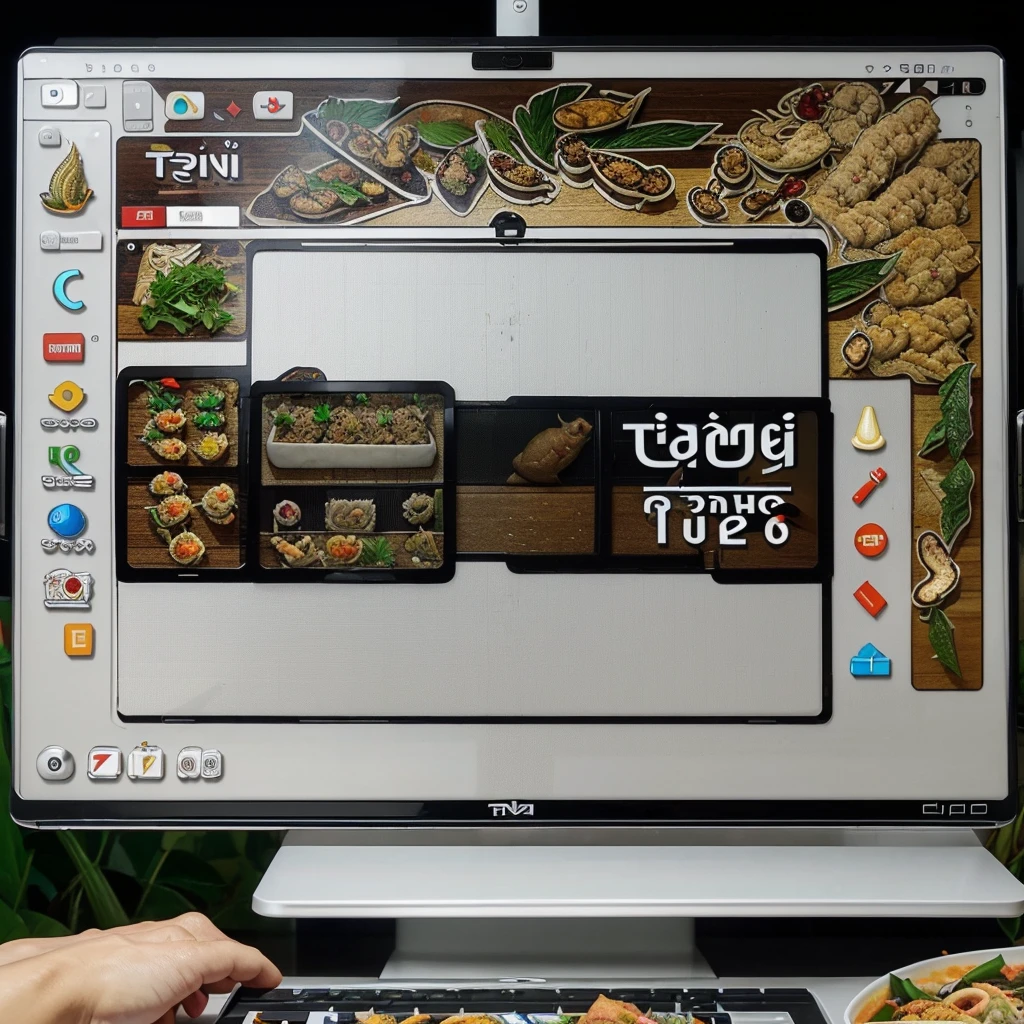 Computer mouse.(screen with thai food graphic:1.5).made by white plastic.