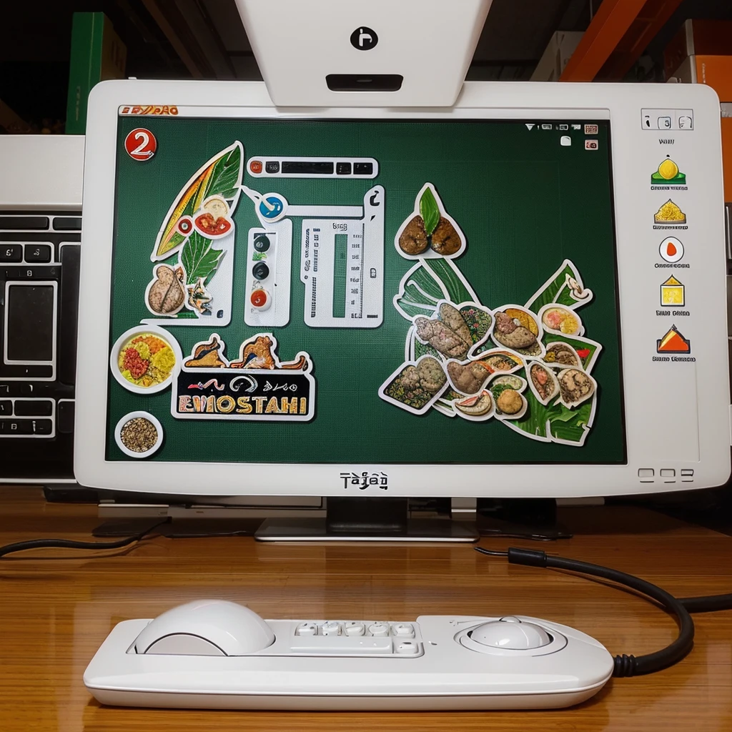 Computer mouse.(screen with thai food graphic:1.5).made by white plastic.