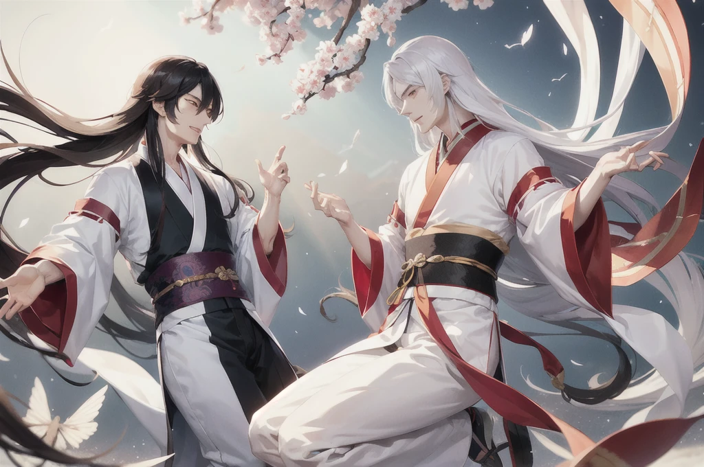 Two oriental men in gorgeous Hanfu,Long hair flying,Immortal's Appearance,Full body medium shot,Staring at each other firmly,Ethereal beauty,Heavenly Wonderland,The palace gardens shrouded in mist,Soft lighting,Exquisite details。 Traditional Chinese illustration style, The art of math, Dreamy background, masterpiece, best quality, Extremely detailed, high quality, 4K,