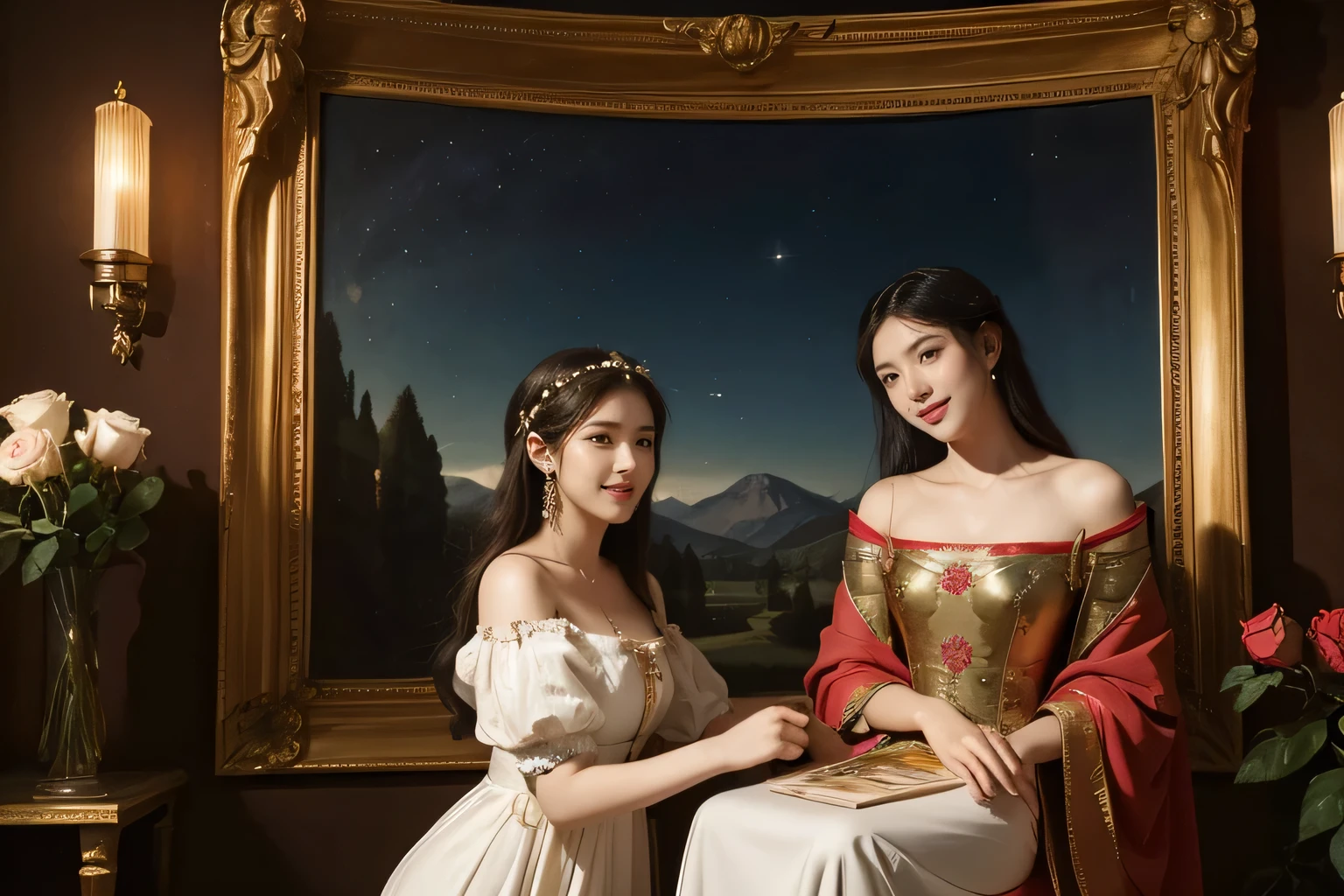 Giorgione painting style,Arguments of two female Philosophe,math、astronomical machine、astronaut、roses in vase、fruits、Cute trinkets、smile、ancient greek costume、Background is a forest lake at night 、Clothes that stretch your shoulders、A big smile、