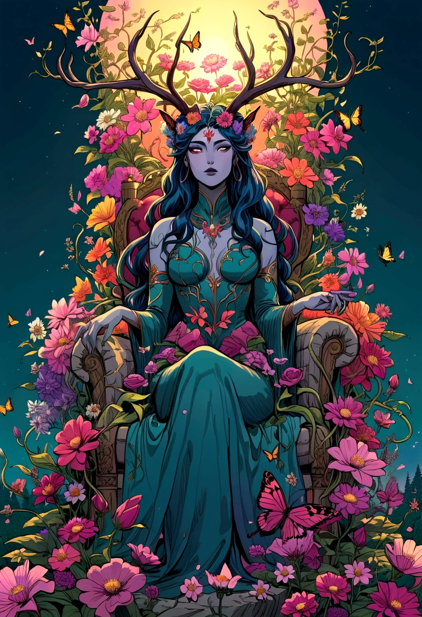 illustrate, splash page comic, 90's action cinematic, throne of power, maximal power, flourishing flowers in bloom throne, throne made of flowers and vines, rewilding, entropy, Flower feminine wendigo, wendigo features, resembles wendigo, wendigo facial features, flower horns, floating meditating seated on throne, flower hand drawn color, ink the style of sean gordon murphy and joelle jones, comic drawing, rare flowers, delicate petals, highly detailed flowers, garden, highly detailed trees and face, flower costume, detailed line art. color palette, evening dusk sunset, foreground butterflies and hummingbirds, colorful flower garden, dream garden, gardens under which rivers flow, beautiful gardens of everlasting bliss, vibrant botanical, tranquility