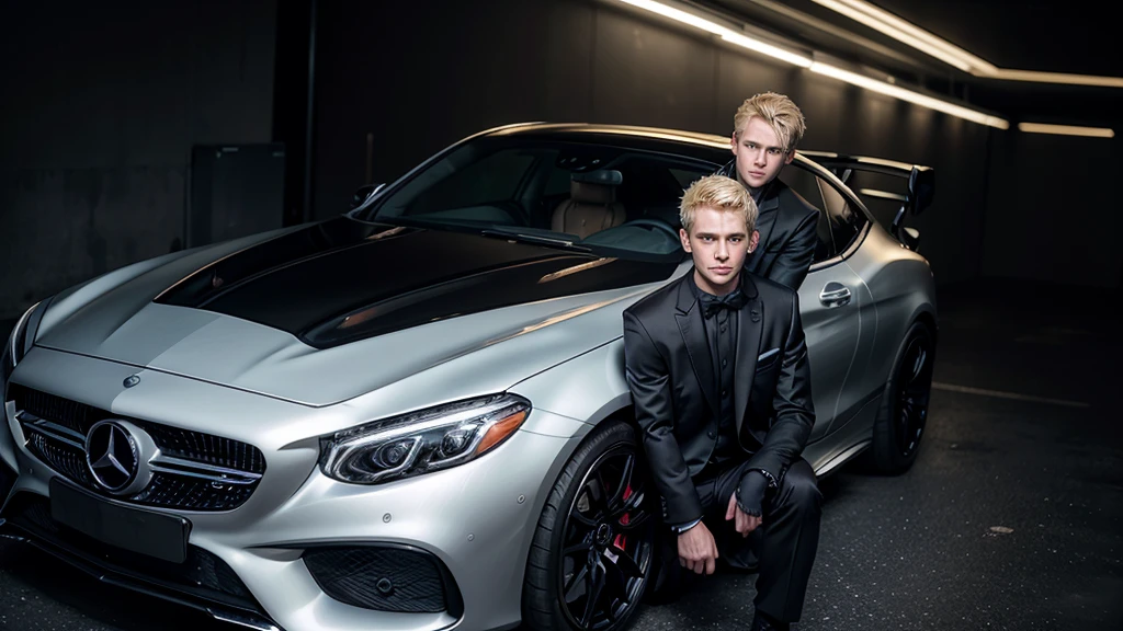 I want a blonde man wearing all black formal clothes, in front of a silver Mercedes sports car, in a slightly dark environment