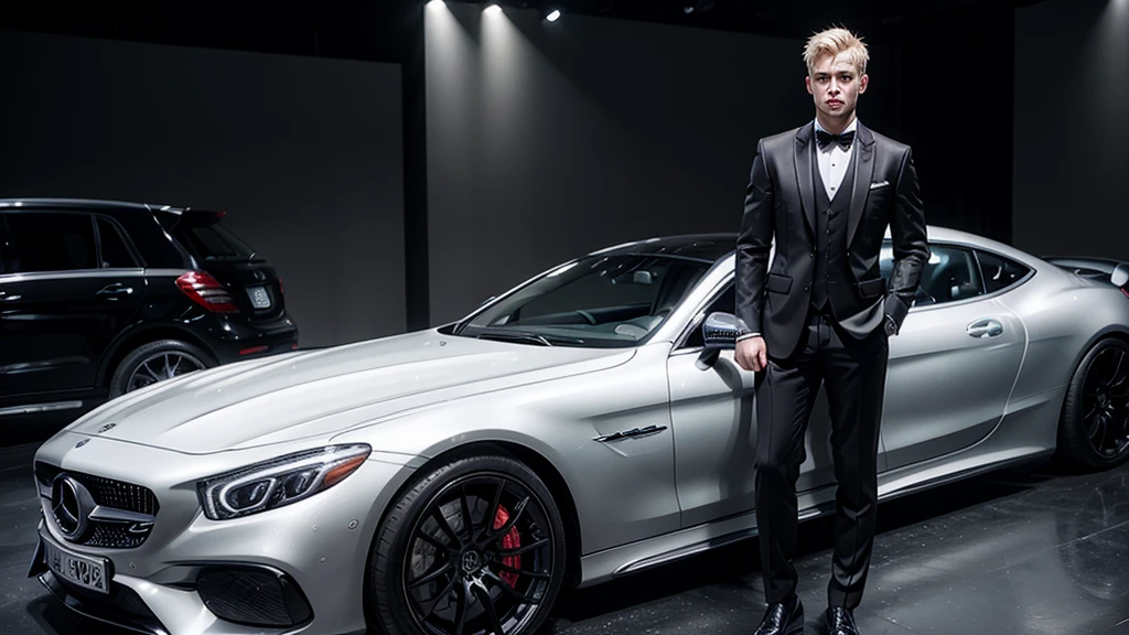 I want a blonde man wearing all black formal clothes, in front of a silver Mercedes sports car, in a slightly dark environment