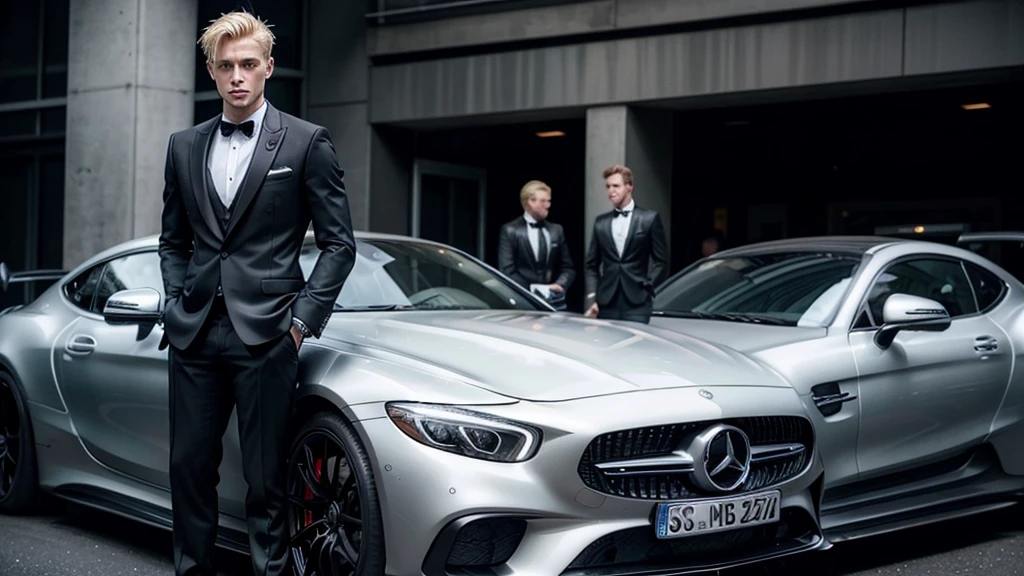 I want a blonde man wearing all black formal clothes, in front of a silver Mercedes sports car, in a slightly dark environment