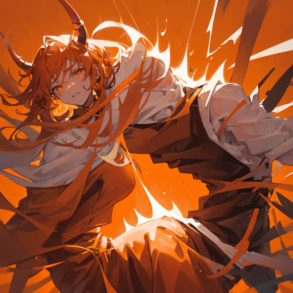A human devil,Male teenager,orange hues,flame,((Solid orange background))