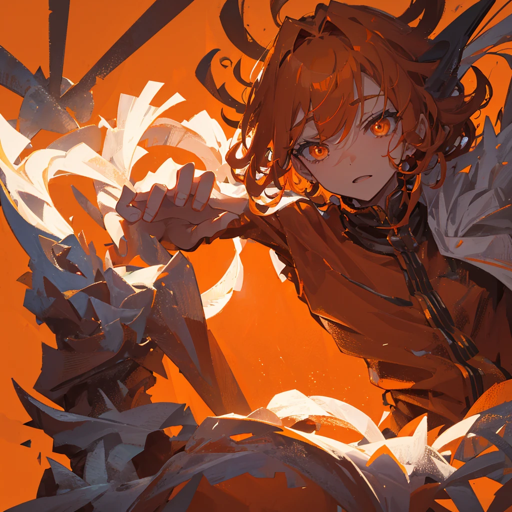 A human devil，Male teenager，orange hues，flame，((Solid orange background))