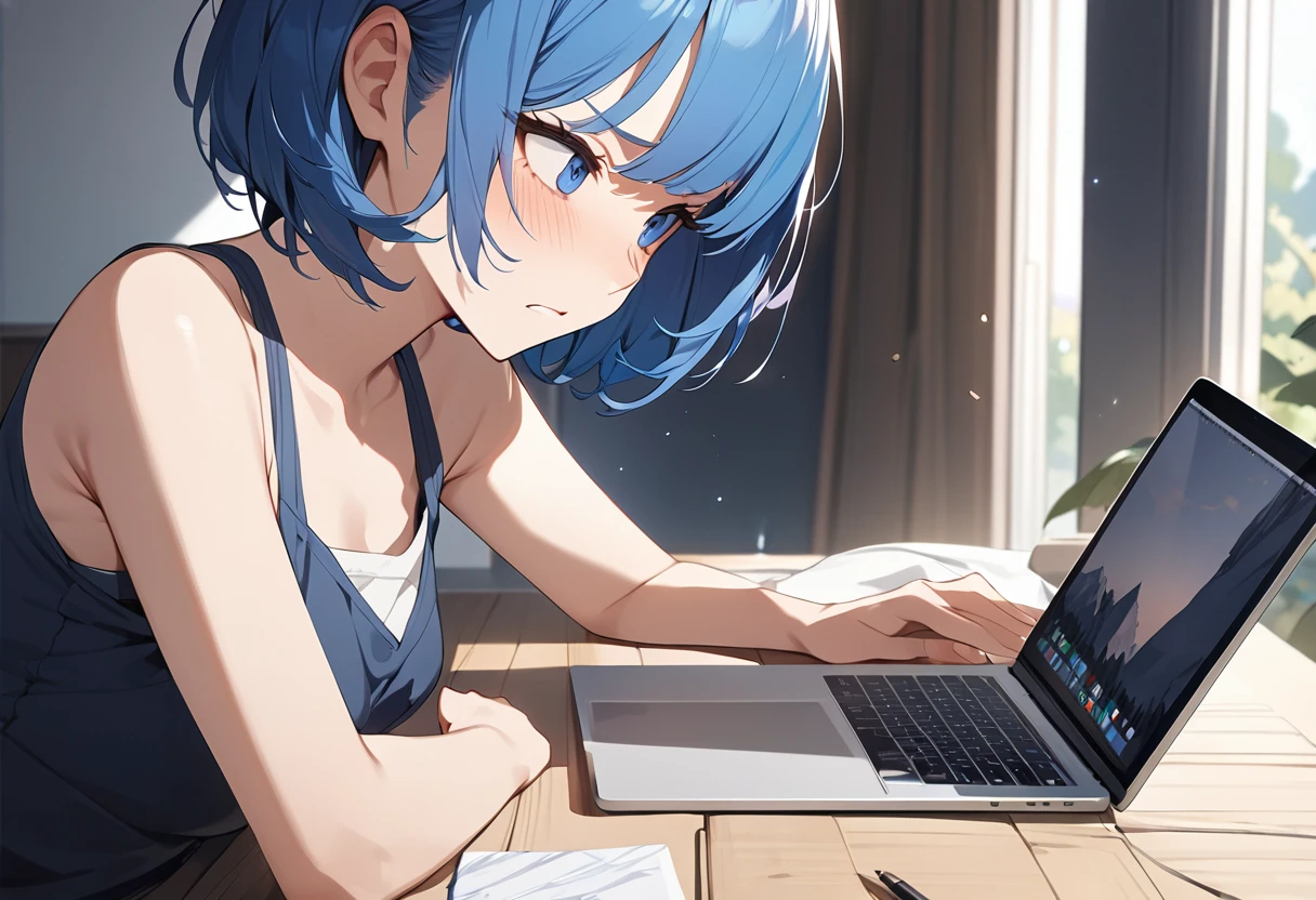(Highest qualityのイラスト:1.2), (pretty girl:1.1), (1 girl、17 years old)、Bright blue hair、Short Bob Hair、Medium chest、Troubled face、masterpieceサイドライト、masterpiece、Highest quality、detailed、High resolution illustrations), I use a MacBook