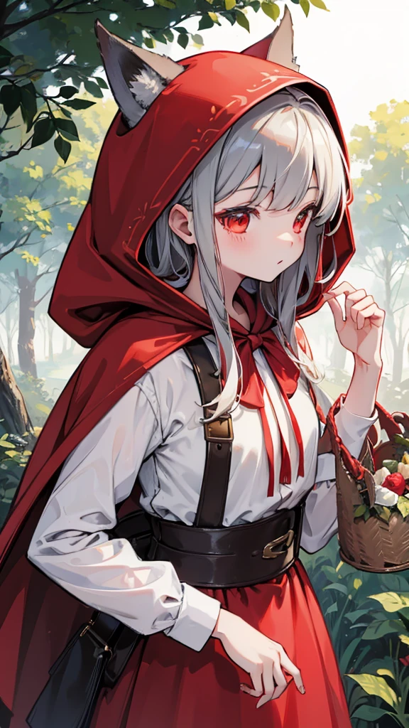 grace,Cool girl,Handsome girl,little Red Riding Hood,Red Cape,Red hood斗篷,Forest Background,Forest Background,Hooded girl with a basket,Wave Girl,Wolf Ear Girl,Wolf Ear Hood,Red hood,Close-up above the waist