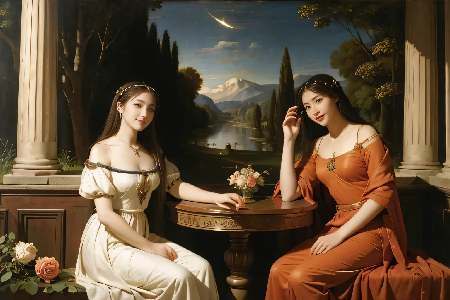 Giorgione painting style,Arguments of two female Philosophe,math、astronomical machine、astronaut、roses in vase、fruits、Cute trinkets、smile、ancient greek costume、Background is a forest lake at night 、Clothes that stretch your shoulders、A big smile、