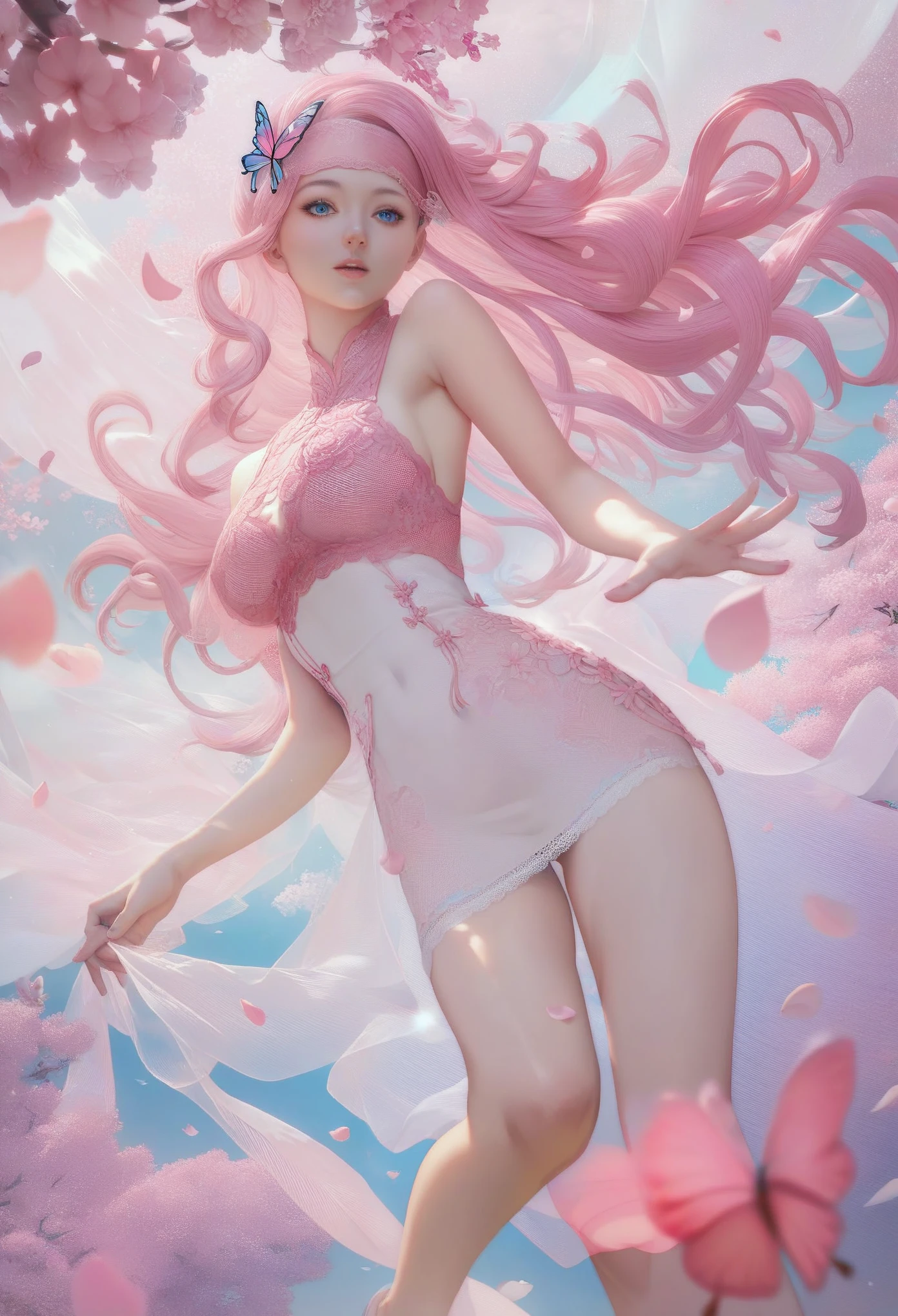 score_9,score_8_up,score_7_up,source_アニメ,(floating) (beautiful) (The breath of spring) (1 Girl) (Pink long hair), (Hair Headband), (detailed and beautiful blue eyes), ((Very short white dress, pink Lace underside), (Lace), ((Light transparent silk))), (Cherry blossom petals), (Butterfly), (Every time), (Volumetric Light) 