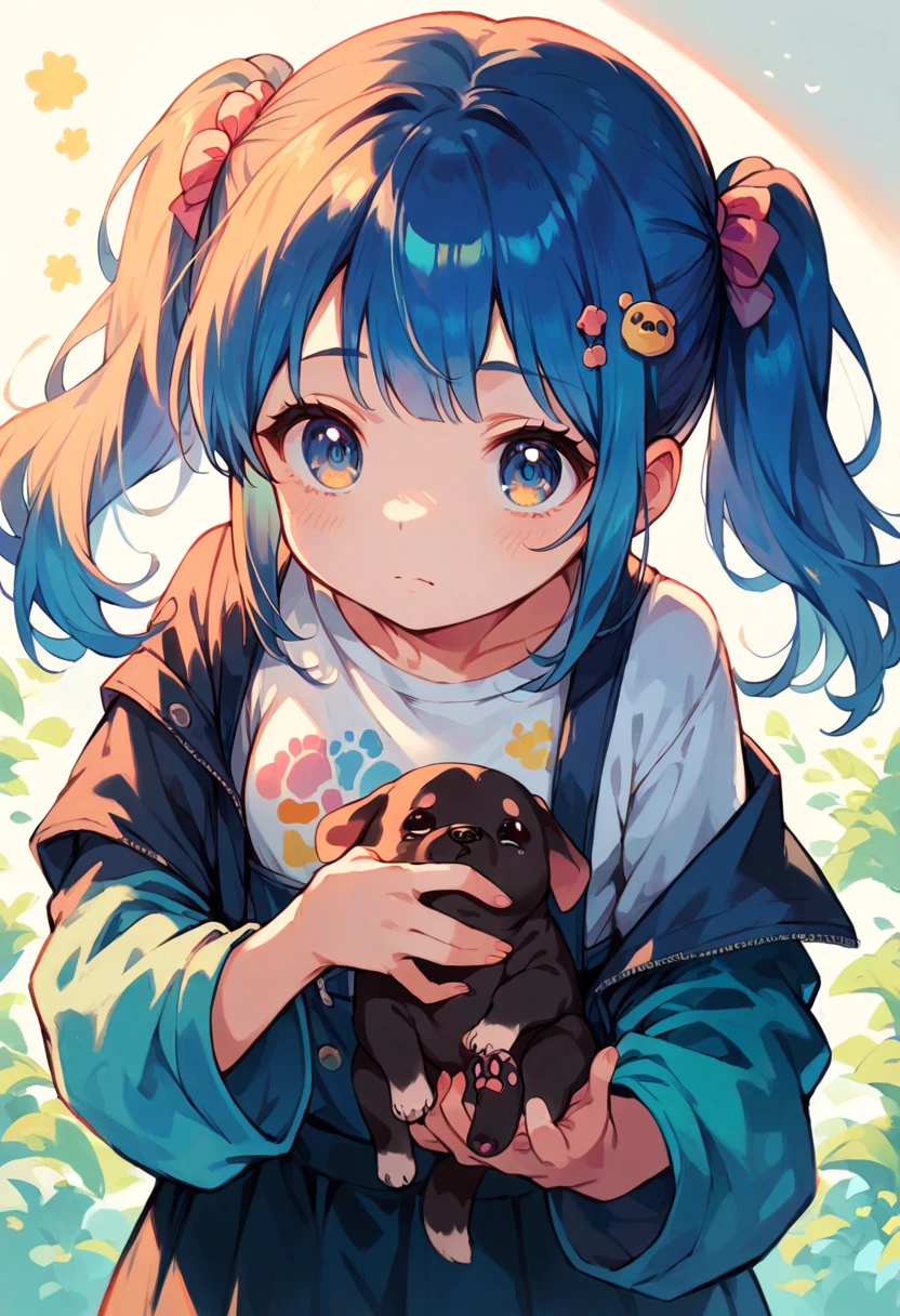 (Very cute and delicate CG illustrations, Ultra detailed and ultra high quality),pretty girl，Baby Girl, Troubled expression, Giant dog in the background，One girl, Detail view. Vibrant colors. high resolution.
