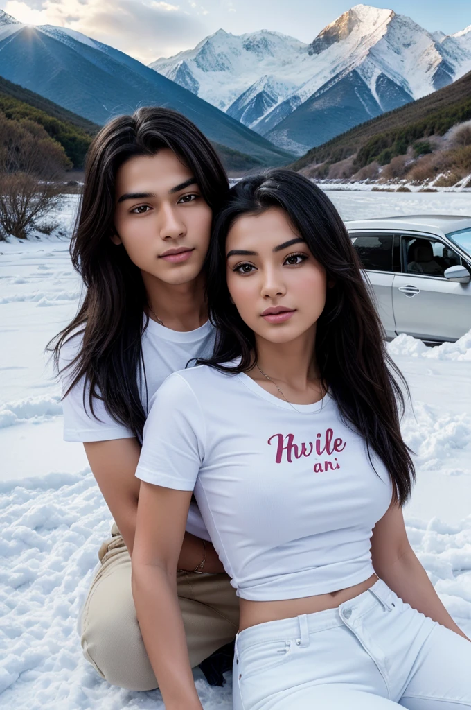 Create a 3D realistic image for a profile picture of a 23-year-old couple sit on river bank with hug each other on snow mountain nearby a rolls royes car near a beautiful mountain and lights. The boy is wearing a white shirt pant . And the girl is wearing a white t shirt and black Jeans . they are looking ahead on front camera . “Prince” and “Riyanshi” are written in large font on car. The beautiful mountain and girl face is hd quality