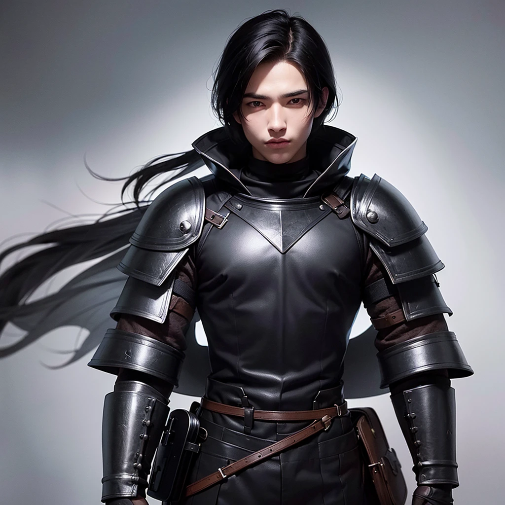 a young 18 year old man, black hair, black medieval armor, light skin, black eyes
