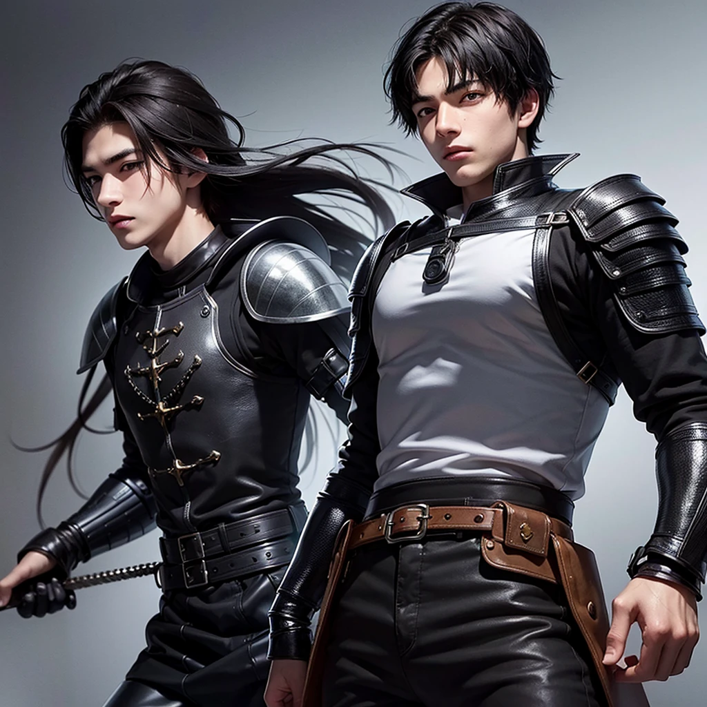 a young 18 year old man, black hair, black medieval armor, light skin, black eyes