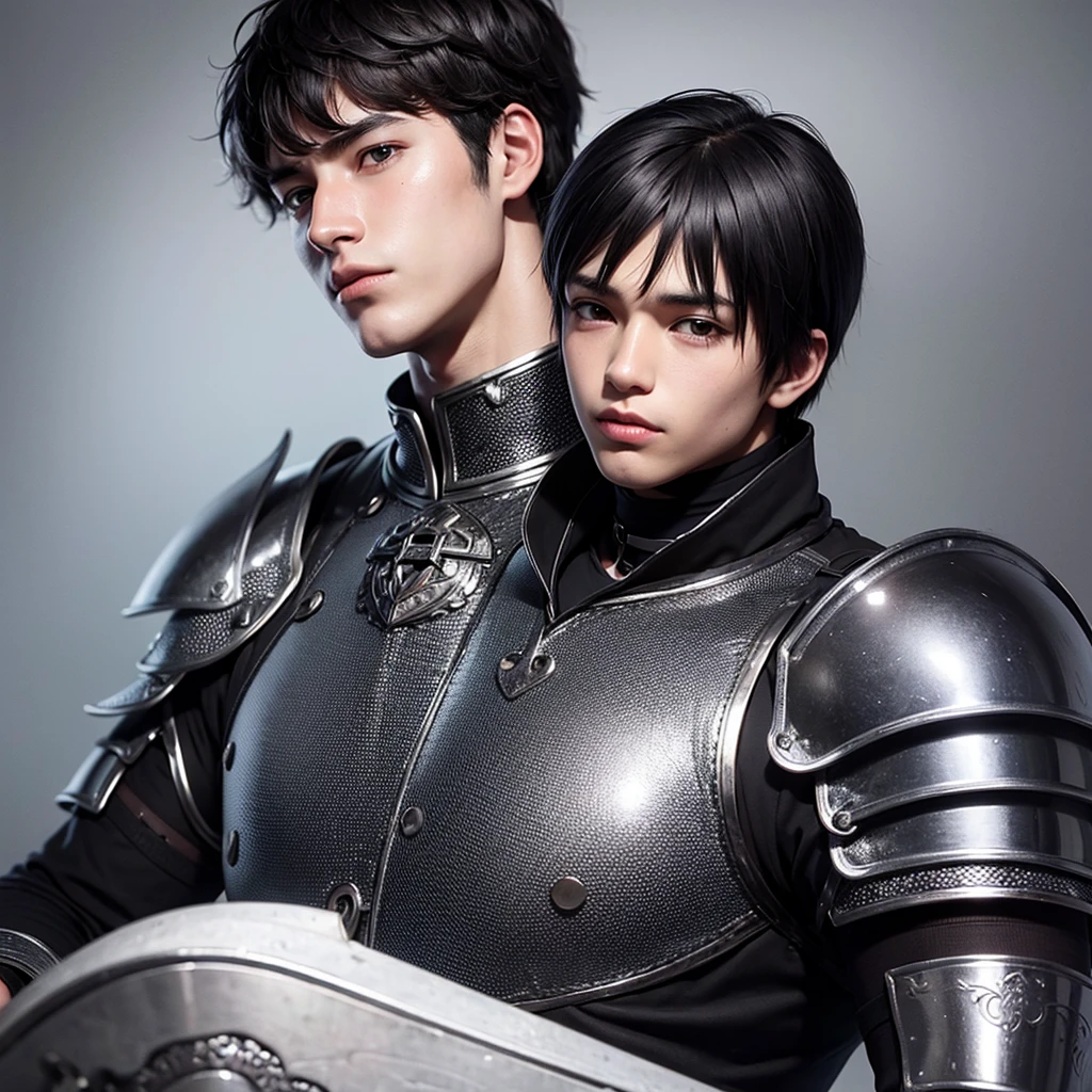 a young 18 year old man, black hair, black medieval armor, light skin, black eyes