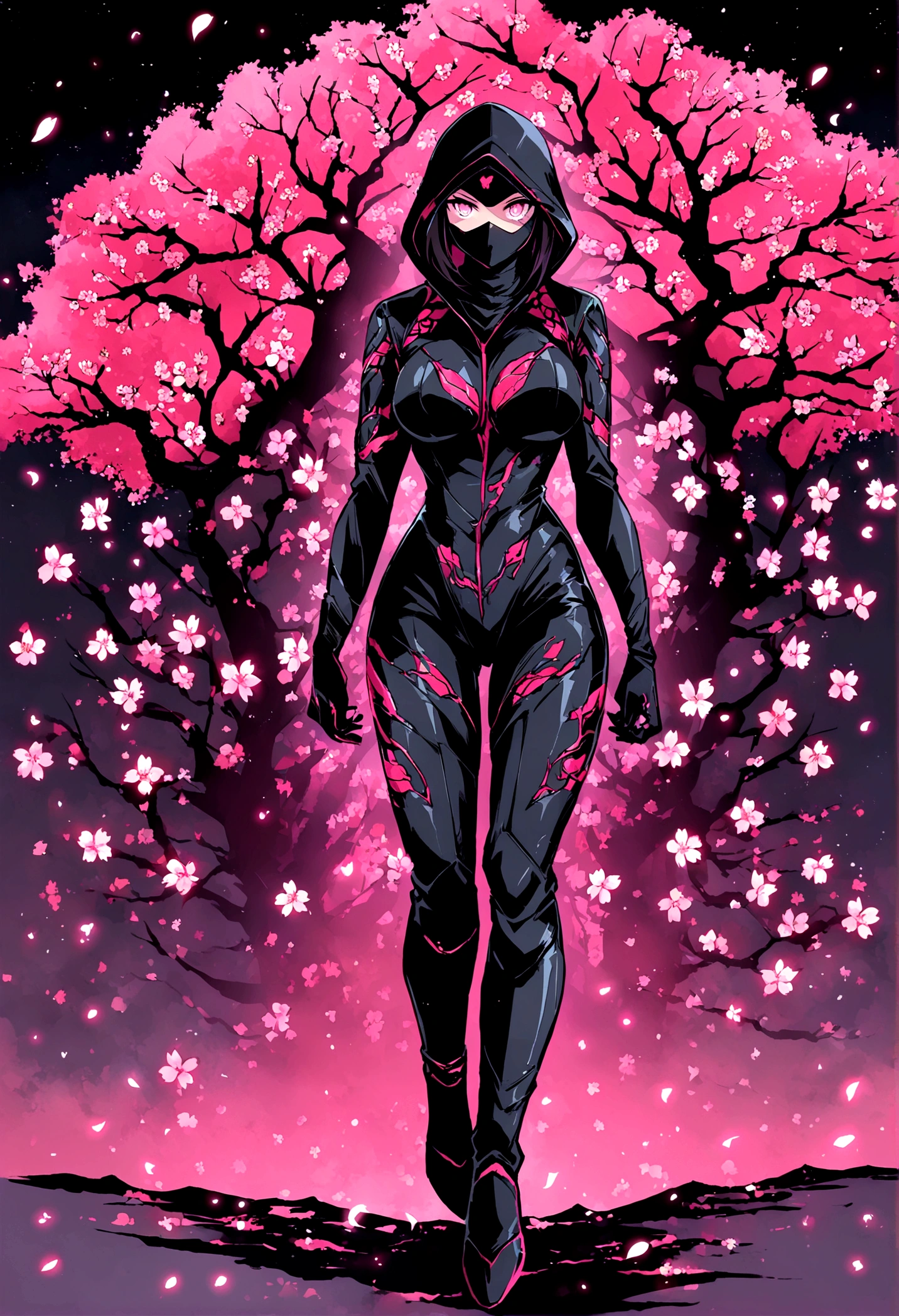 Neon, (Girl dressed in a dark black ninja suit with a hood.), Leather suit, suit that emanates bright pink light, bright pink eyes, very detailed eyes, by white, perfect anatomy, Japanese cherry trees in the background, The trees have luminous leaves and fall with the breeze., bright, (Neon lights stick out of the suit.), evening, nocturnal. high image quality, 8k, High Definition, intricate, very detailed image, very sharp, Neon luminoso. ((full body, cherry trees background))