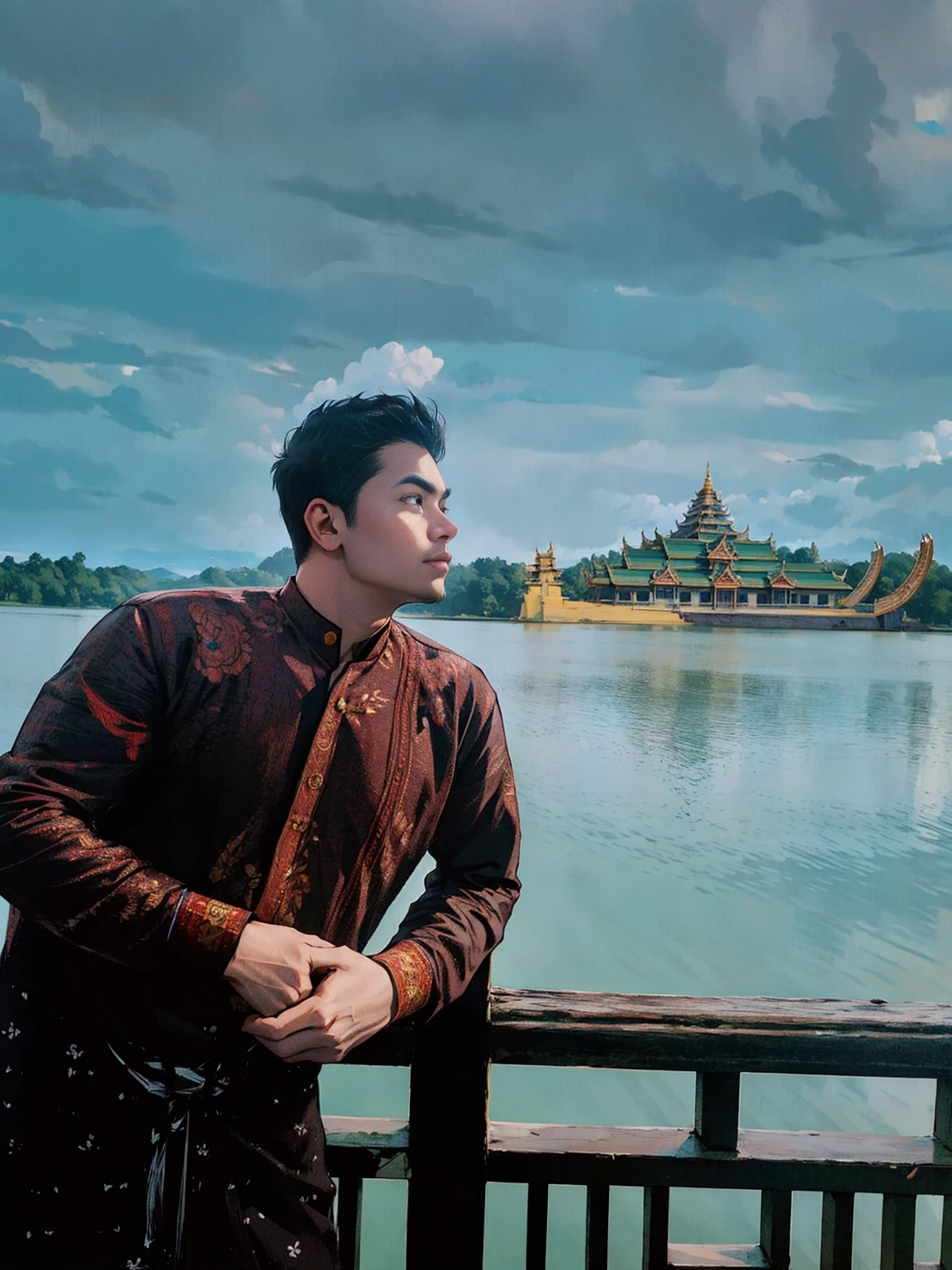 there is a man standing on a bridge looking at a lake, temple in the background, in front of a temple, wearing long sleeve traditional shirt and burmese longyi pasoe, photo taken good lighting with DSLR Canon telel lens, with stormy black sky and lake and Burmese Karweik in the background, profile picture 1024px, photo taken with professional camera, illustration art, digital art, fined quality, HD, detailed features