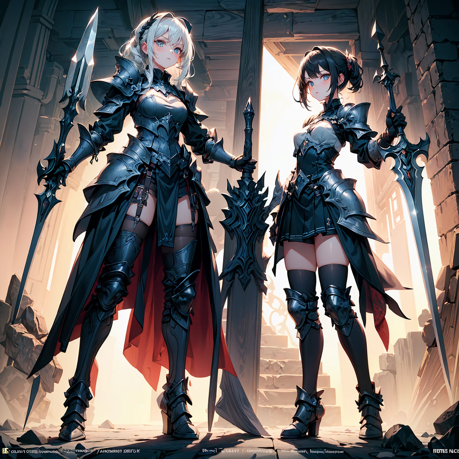 (((masterpiece, best quality, high detailed,8k)))Design a layout showcase Gaming character, (1girl). Golden+Purle clothes, stylish and unique, ((showcase weapon:1.4)), magic staff, (masterpiece:1.2), (best quality), 4k, ultra-detailed, (Step by step design, layout art:1.5), (luminous lighting, atmospheric lighting), magican, ((glove full hands)), (((revealing clothes:1.3))), vambraces, armored legwear, (((full_body_shot:1.4)))
