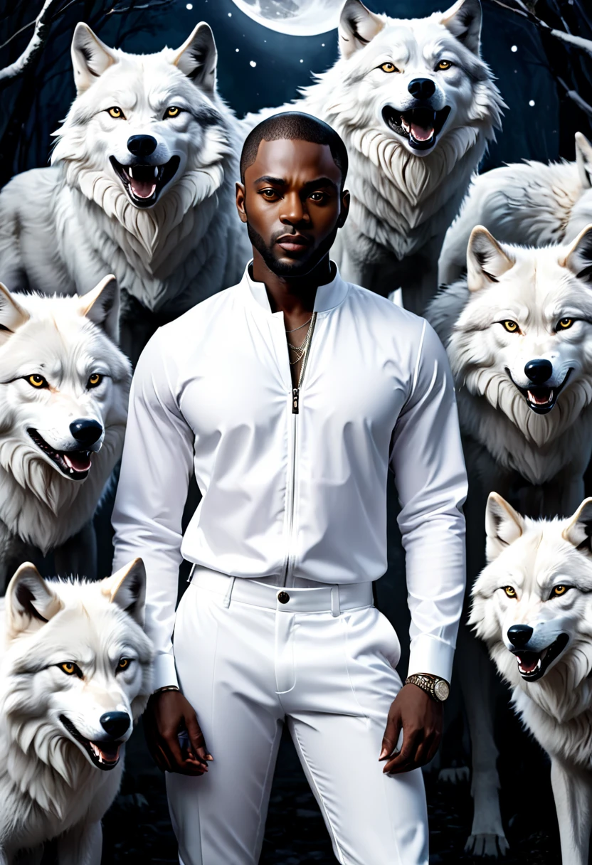 black man in a white outfit with wolves around him