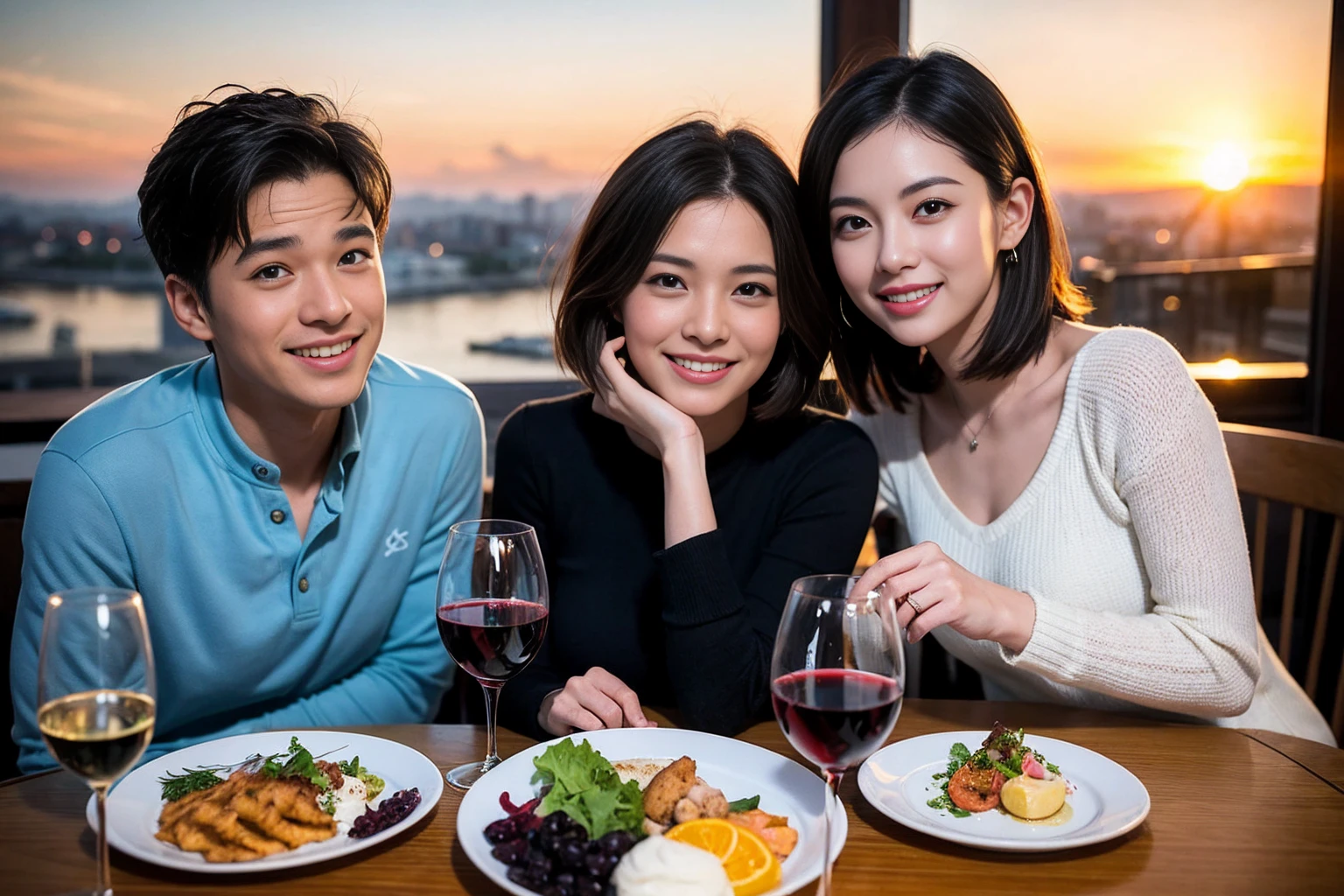 ((Highest quality、、masterpiece:1.3))、 (Genuineistic, Genuine、Bright image、Intricate details:1.2), 最高のsmile、1 male、1 female、Beautiful couple、love love love、Happy Tokyo Lovers、、Good friends、actress couple、smile、Full-course dinner at a packed table、 (Slim face), (the body is slim), (Brown Hair), (short hair), テーブルのwine glass、Please shine a light on my face、 Amazing view of the sunset sky and clouds、9 years old, red wine 、Appetizers、Wine bottle、sparkling wine、Long sleeve shirt、dress、White wine, red wine, wine glass,