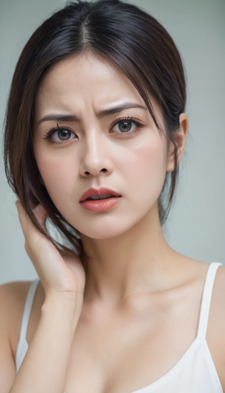 "A beautiful woman with an annoyed expression, looking as if she wants to complain."