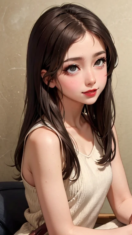 blush a little and smile, (Top quality masterpiece:1.2) Delicate illustrations, Very detailed, /Beautiful Japanese Women、1 person,Very cute and slim、Great style 、((8K images、super high quality))、Very delicate face, Skin and Hair、beautifule forehead、Red lipstick、(((((Mid-length hair、Brown Hair))))),Very cute Japanese cut face、Eyes and nose are clearly visible、Kind eyes